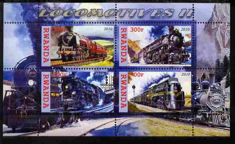 Rwanda 2010 Steam Locomotives #2 perf sheetlet containing 4 values unmounted mint, stamps on , stamps on  stamps on railways