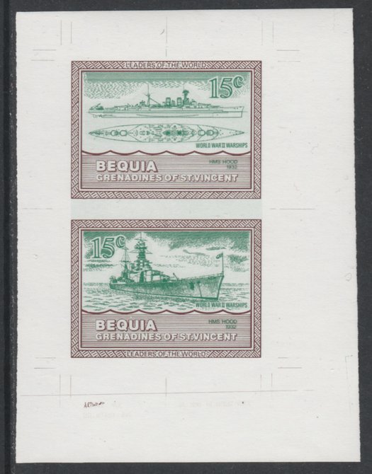 St Vincent - Bequia 1985 Warships of World War 2, 15c HMS Hood individual imperf se-tenant colour trial proof in green & brown with white background, ex Format International archives, stamps on ships, stamps on  ww2 , stamps on 