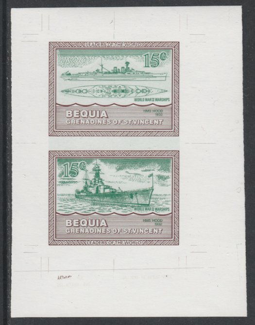 St Vincent - Bequia 1985 Warships of World War 2, 15c HMS Hood individual imperf se-tenant colour trial proof in green & brown with white background, ex Format Internatio..., stamps on ships, stamps on  ww2 , stamps on 