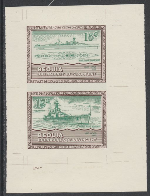 St Vincent - Bequia 1985 Warships of World War 2, 15c HMS Hood individual imperf se-tenant colour trial proof in green & brown with buff background, ex Format International archives, stamps on , stamps on  stamps on ships, stamps on  stamps on  ww2 , stamps on  stamps on 