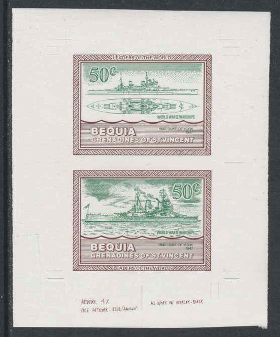 St Vincent - Bequia 1985 Warships of World War 2, 50c HMS Duke of York individual imperf se-tenant colour trial proof in green & brown with white background, ex Format International archives, stamps on , stamps on  stamps on ships, stamps on  stamps on  ww2 , stamps on  stamps on 