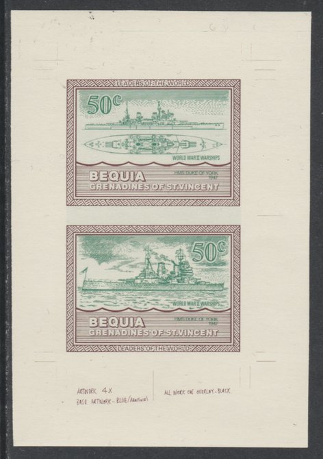 St Vincent - Bequia 1985 Warships of World War 2, 50c HMS Duke of York individual imperf se-tenant colour trial proof in green & brown with buff background, ex Format International archives, stamps on ships, stamps on  ww2 , stamps on 