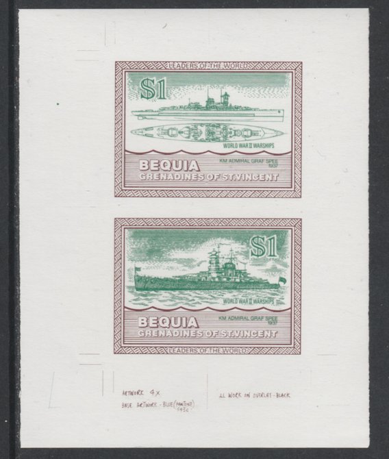 St Vincent - Bequia 1985 Warships of World War 2, $1 KM Admiral Graf Spee individual imperf se-tenant colour trial proof in green & brown with white background, ex Format International archives, stamps on ships, stamps on  ww2 , stamps on 