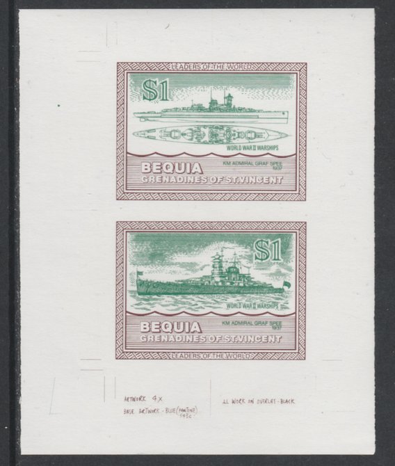 St Vincent - Bequia 1985 Warships of World War 2, $1 KM Admiral Graf Spee individual imperf se-tenant colour trial proof in green & brown with white background, ex Format..., stamps on ships, stamps on  ww2 , stamps on 