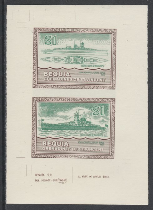 St Vincent - Bequia 1985 Warships of World War 2, $1 KM Admiral Graf Spee individual imperf se-tenant colour trial proof in green & brown with buff background, ex Format International archives, stamps on ships, stamps on  ww2 , stamps on 