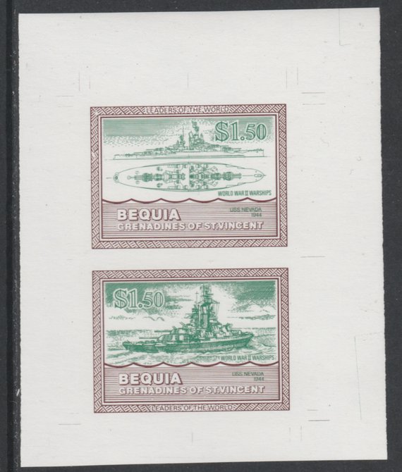 St Vincent - Bequia 1985 Warships of World War 2, $1.50 USS Nevada individual imperf se-tenant colour trial proof in green & brown with white background, ex Format International archives, stamps on ships, stamps on  ww2 , stamps on 