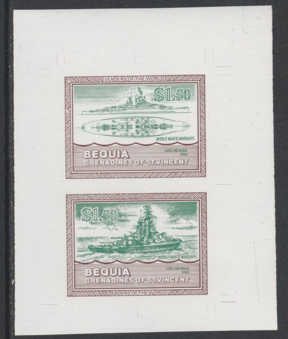 St Vincent - Bequia 1985 Warships of World War 2, $1.50 USS Nevada individual imperf se-tenant colour trial proof in green & brown with white background, ex Format Intern..., stamps on ships, stamps on  ww2 , stamps on 