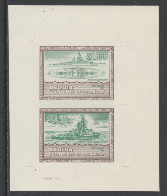 St Vincent - Bequia 1985 Warships of World War 2, $1.50 USS Nevada individual imperf se-tenant colour trial proof in green & brown with buff background, ex Format Interna..., stamps on ships, stamps on  ww2 , stamps on 