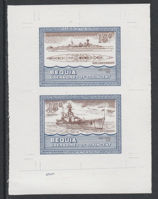 St Vincent - Bequia 1985 Warships of World War 2, 15c HMS Hood individual imperf se-tenant colour trial proof in purple-brown and blue with white background, ex Format International archives, stamps on ships, stamps on  ww2 , stamps on 