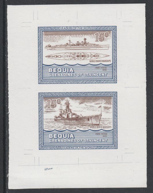 St Vincent - Bequia 1985 Warships of World War 2, 15c HMS Hood individual imperf se-tenant colour trial proof in purple-brown and blue with white background, ex Format International archives, stamps on , stamps on  stamps on ships, stamps on  stamps on  ww2 , stamps on  stamps on 