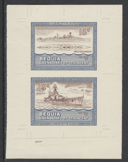 St Vincent - Bequia 1985 Warships of World War 2, 15c HMS Hood individual imperf se-tenant colour trial proof in purple-brown and blue with buff background, ex Format International archives, stamps on ships, stamps on  ww2 , stamps on 