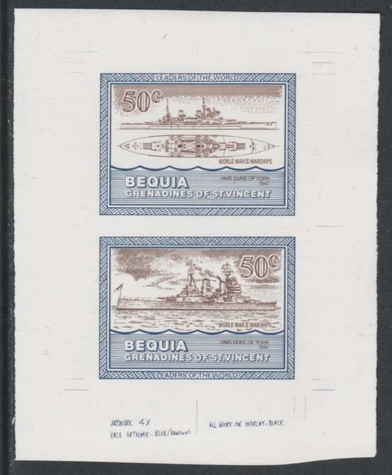 St Vincent - Bequia 1985 Warships of World War 2, 50c HMS Duke of York individual imperf se-tenant colour trial proof in purple-brown and blue with white background, ex F..., stamps on ships, stamps on  ww2 , stamps on 