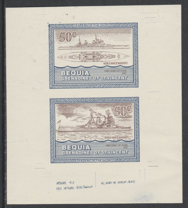 St Vincent - Bequia 1985 Warships of World War 2, 50c HMS Duke of York individual imperf se-tenant colour trial proof in purple-brown and blue with buff background, ex Format International archives, stamps on ships, stamps on  ww2 , stamps on 