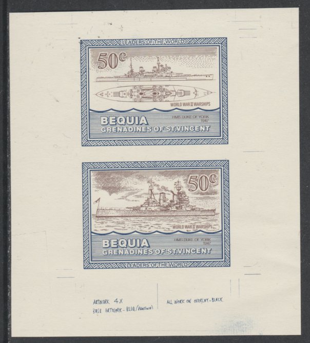 St Vincent - Bequia 1985 Warships of World War 2, 50c HMS Duke of York individual imperf se-tenant colour trial proof in purple-brown and blue with buff background, ex Fo..., stamps on ships, stamps on  ww2 , stamps on 