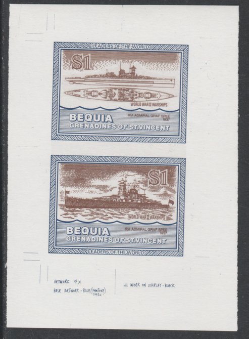 St Vincent - Bequia 1985 Warships of World War 2, $1 KM Admiral Graf Spee individual imperf se-tenant colour trial proof in purple-brown and blue with white background, e..., stamps on ships, stamps on  ww2 , stamps on 