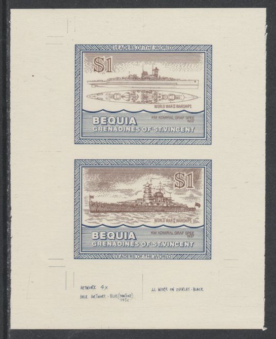 St Vincent - Bequia 1985 Warships of World War 2, $1 KM Admiral Graf Spee individual imperf se-tenant colour trial proof in purple-brown and blue with buff background, ex..., stamps on ships, stamps on  ww2 , stamps on 