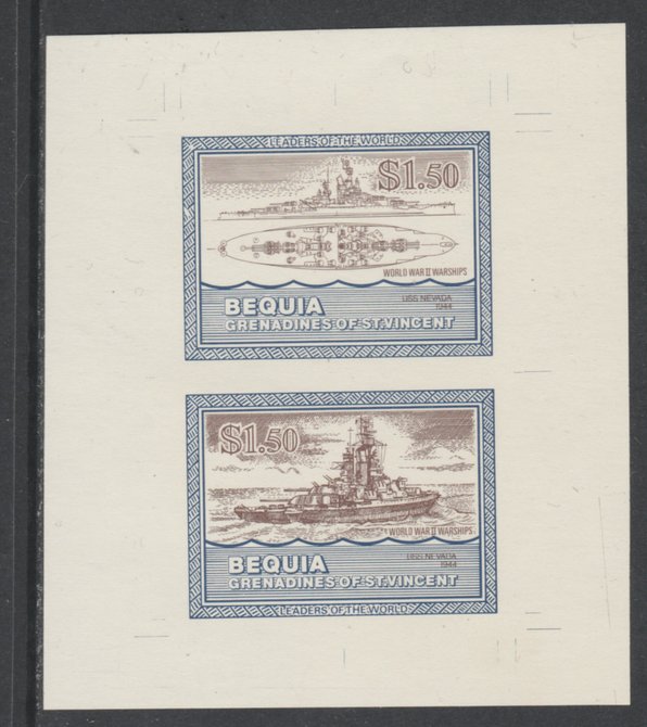 St Vincent - Bequia 1985 Warships of World War 2, $1.50 USS Nevada individual imperf se-tenant colour trial proof in purple-brown and blue with buff background, ex Format..., stamps on ships, stamps on  ww2 , stamps on 