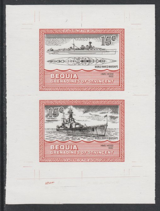 St Vincent - Bequia 1985 Warships of World War 2, 15c HMS Hood individual imperf se-tenant colour trial proof in black and orange (the colours of the issued $1) with white background, ex Format International archives, stamps on ships, stamps on  ww2 , stamps on 