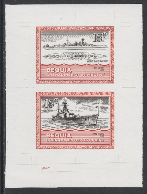 St Vincent - Bequia 1985 Warships of World War 2, 15c HMS Hood individual imperf se-tenant colour trial proof in black and orange (the colours of the issued $1) with white background, ex Format International archives, stamps on , stamps on  stamps on ships, stamps on  stamps on  ww2 , stamps on  stamps on 