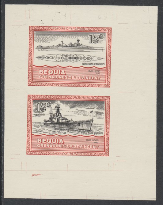 St Vincent - Bequia 1985 Warships of World War 2, 15c HMS Hood individual imperf se-tenant colour trial proof in black and orange (the colours of the issued $1) with buff background, ex Format International archives, stamps on , stamps on  stamps on ships, stamps on  stamps on  ww2 , stamps on  stamps on 