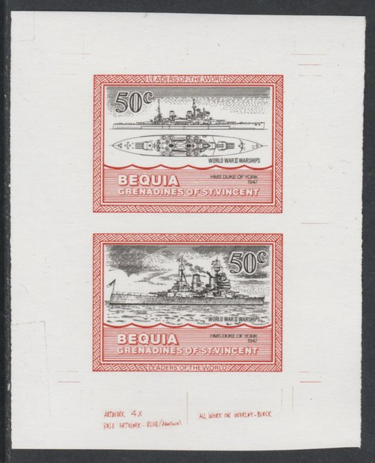 St Vincent - Bequia 1985 Warships of World War 2, 50c HMS Duke of York individual imperf se-tenant colour trial proof in black and orange (the colours of the issued $1) w..., stamps on ships, stamps on  ww2 , stamps on 