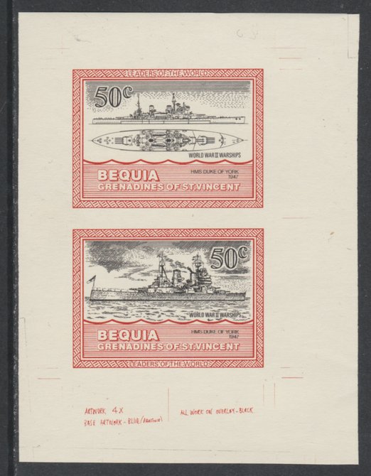 St Vincent - Bequia 1985 Warships of World War 2, 50c HMS Duke of York individual imperf se-tenant colour trial proof in black and orange (the colours of the issued $1) with buff background, ex Format International archives, stamps on ships, stamps on  ww2 , stamps on 