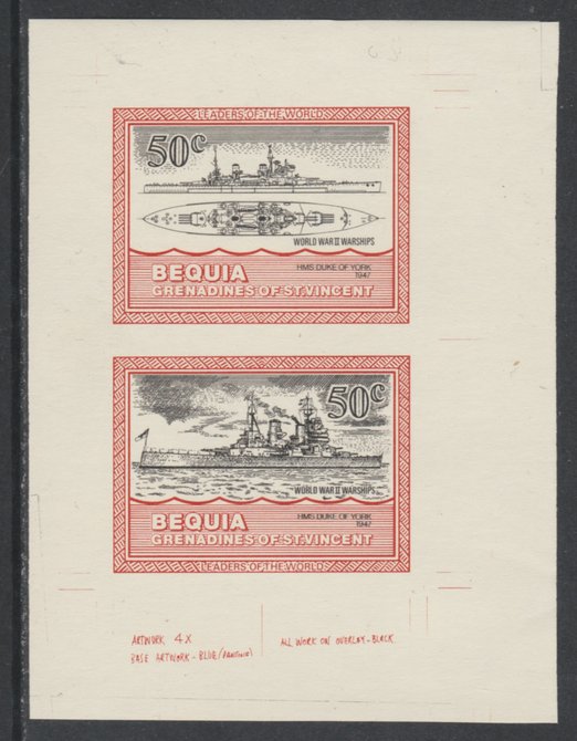 St Vincent - Bequia 1985 Warships of World War 2, 50c HMS Duke of York individual imperf se-tenant colour trial proof in black and orange (the colours of the issued $1) with buff background, ex Format International archives, stamps on , stamps on  stamps on ships, stamps on  stamps on  ww2 , stamps on  stamps on 