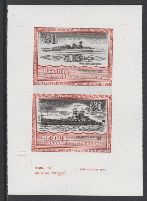 St Vincent - Bequia 1985 Warships of World War 2, $1 KM Admiral Graf Spee individual imperf se-tenant colour trial proof in issued colours with white background, ex Forma..., stamps on ships, stamps on  ww2 , stamps on 