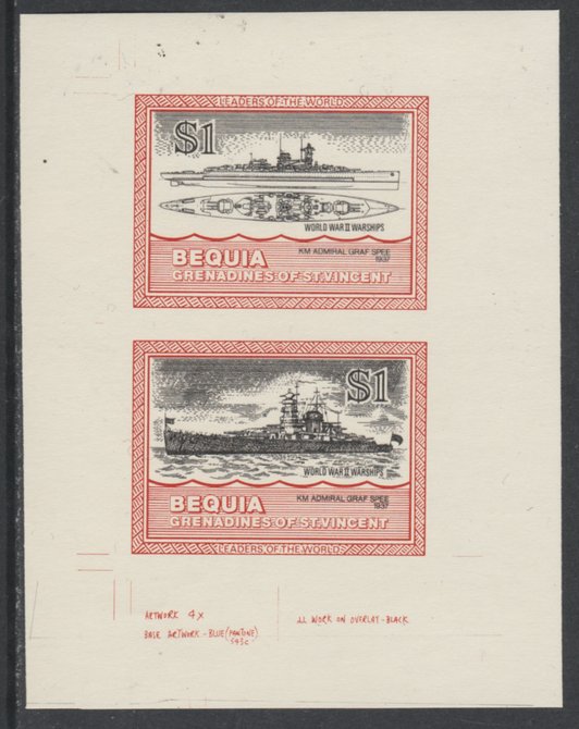 St Vincent - Bequia 1985 Warships of World War 2, $1 KM Admiral Graf Spee individual imperf se-tenant colour trial proof in issued colours with buff background, ex Format International archives, stamps on , stamps on  stamps on ships, stamps on  stamps on  ww2 , stamps on  stamps on 