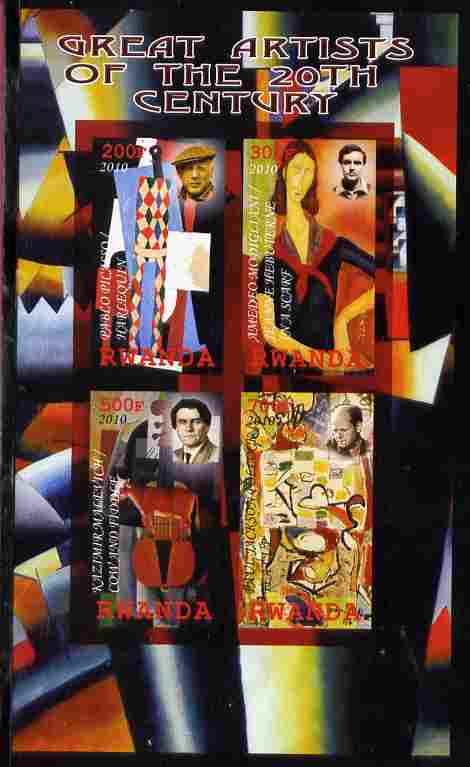 Rwanda 2010 Great Artists imperf sheetlet containing 4 values unmounted mint, stamps on personalities, stamps on arts, stamps on picasso, stamps on modigliani, stamps on pollock