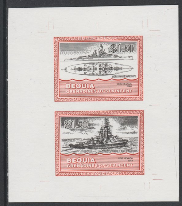 St Vincent - Bequia 1985 Warships of World War 2, $1.50 USS Nevada individual imperf se-tenant colour trial proof in black and orange (the colours of the issued $1) with white background, ex Format International archives, stamps on , stamps on  stamps on ships, stamps on  stamps on  ww2 , stamps on  stamps on 