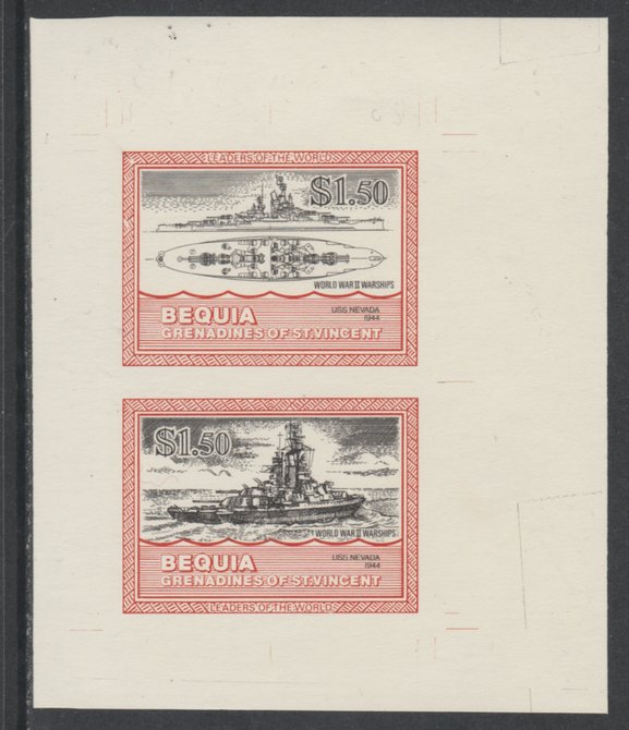 St Vincent - Bequia 1985 Warships of World War 2, $1.50 USS Nevada individual imperf se-tenant colour trial proof in black and orange (the colours of the issued $1) with buff background, ex Format International archives, stamps on ships, stamps on  ww2 , stamps on 