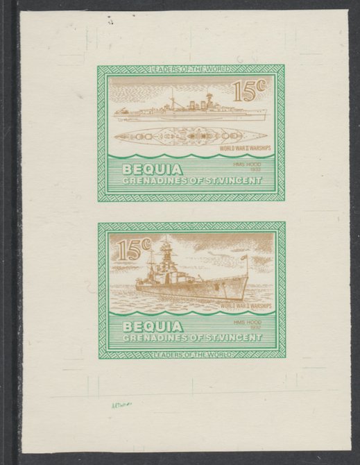 St Vincent - Bequia 1985 Warships of World War 2, 15c HMS Hood individual imperf se-tenant colour trial proof in orange-brown and green with buff background, ex Format International archives, stamps on ships, stamps on  ww2 , stamps on 