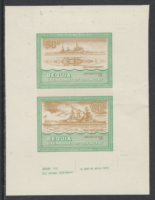 St Vincent - Bequia 1985 Warships of World War 2, 50c HMS Duke of York individual imperf se-tenant colour trial proof in orange-brown and green with buff background, ex F..., stamps on ships, stamps on  ww2 , stamps on 