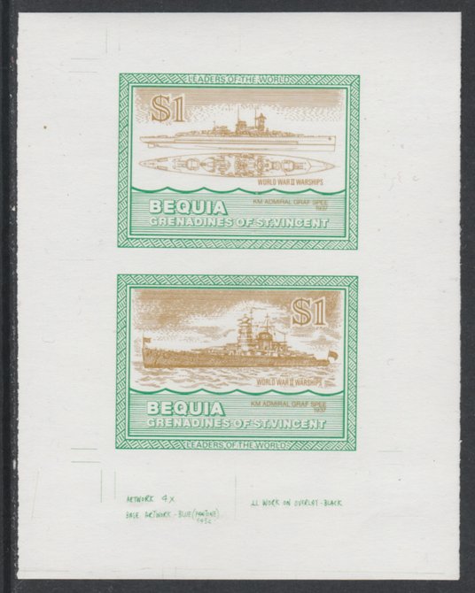 St Vincent - Bequia 1985 Warships of World War 2, $1 KM Admiral Graf Spee individual imperf se-tenant colour trial proof in orange-brown and green with white background, ex Format International archives, stamps on ships, stamps on  ww2 , stamps on 