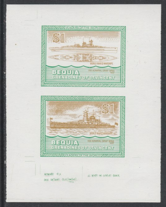 St Vincent - Bequia 1985 Warships of World War 2, $1 KM Admiral Graf Spee individual imperf se-tenant colour trial proof in orange-brown and green with white background, ..., stamps on ships, stamps on  ww2 , stamps on 