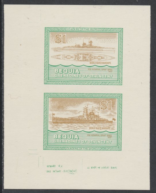 St Vincent - Bequia 1985 Warships of World War 2, $1 KM Admiral Graf Spee individual imperf se-tenant colour trial proof in orange-brown and green with buff background, ex Format International archives, stamps on ships, stamps on  ww2 , stamps on 