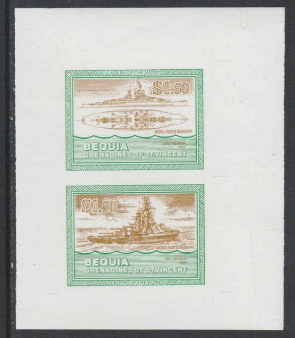 St Vincent - Bequia 1985 Warships of World War 2, $1.50 USS Nevada individual imperf se-tenant colour trial proof in orange-brown and green with white background, ex Format International archives, stamps on ships, stamps on  ww2 , stamps on 