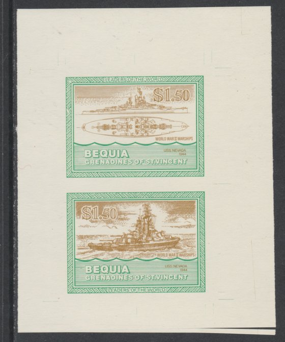 St Vincent - Bequia 1985 Warships of World War 2, $1.50 USS Nevada individual imperf se-tenant colour trial proof in orange-brown and green with buff background, ex Format International archives, stamps on , stamps on  stamps on ships, stamps on  stamps on  ww2 , stamps on  stamps on 