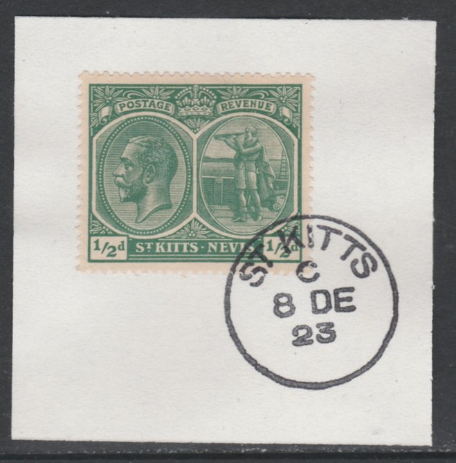 St Kitts-Nevis 1920-22 KG5 Columbus 1/2d blue-green SG24/37 on piece with full strike of Madame Joseph forged postmark type 347, stamps on , stamps on  stamps on , stamps on  stamps on  kg5 , stamps on  stamps on columbus, stamps on  stamps on explorers