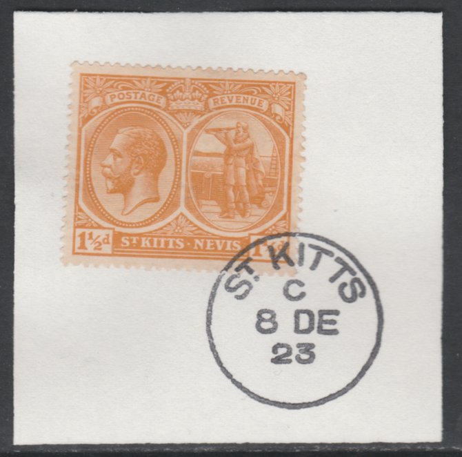 St Kitts-Nevis 1920-22 KG5 MCA Columbus 1.5d orange-yellow SG26 on piece with full strike of Madame Joseph forged postmark type 347, stamps on , stamps on  stamps on , stamps on  stamps on  kg5 , stamps on  stamps on columbus, stamps on  stamps on explorers