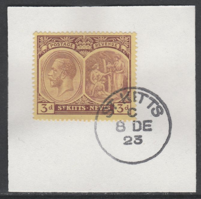 St Kitts-Nevis 1920-22 KG5 Medicinal Spring 3d purple on yellow SG29/45a on piece with full strike of Madame Joseph forged postmark type 347, stamps on , stamps on  stamps on , stamps on  stamps on  kg5 , stamps on  stamps on 