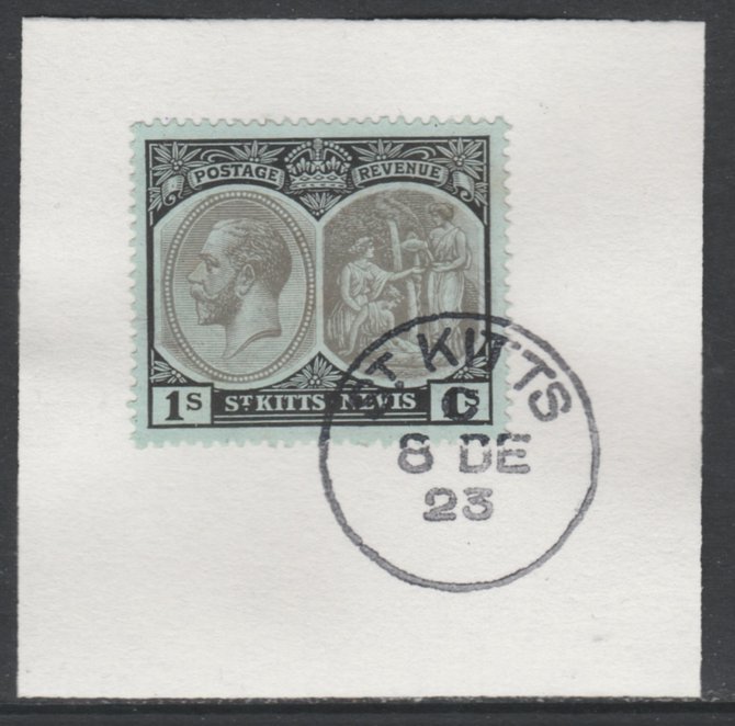 St Kitts-Nevis 1920-22 KG5 Medicinal Spring 1s grey & black on green SG31 on piece with full strike of Madame Joseph forged postmark type 347, stamps on , stamps on  stamps on , stamps on  stamps on  kg5 , stamps on  stamps on 