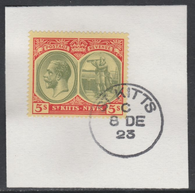 St Kitts-Nevis 1920-22 KG5 Columbus 5s green & red on yellow SG 34/47c on piece with full strike of Madame Joseph forged postmark type 347, stamps on , stamps on  kg5 , stamps on columbus, stamps on explorers