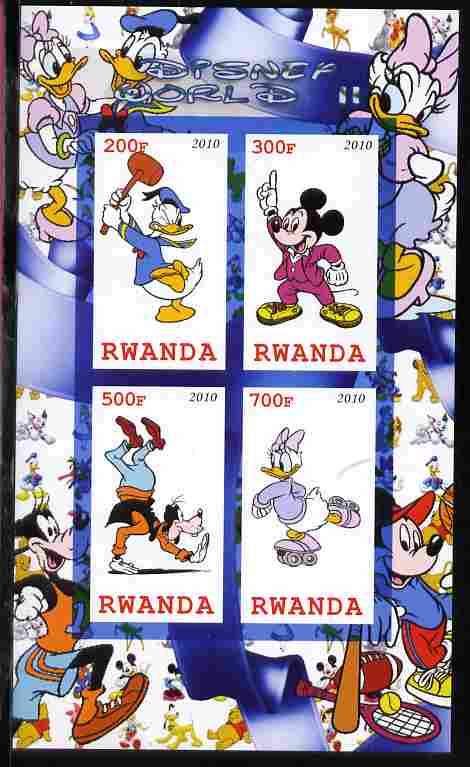 Rwanda 2010 Disney World #2 imperf sheetlet containing 4 values unmounted mint, stamps on personalities, stamps on disney, stamps on films, stamps on cinema, stamps on cartoons, stamps on movies