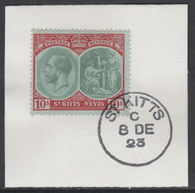 St Kitts-Nevis 1920-22 KG5 Medicinal Spring 10s green & red on green SG35 on piece with full strike of Madame Joseph forged postmark type 347, stamps on , stamps on  stamps on , stamps on  stamps on  kg5 , stamps on  stamps on 