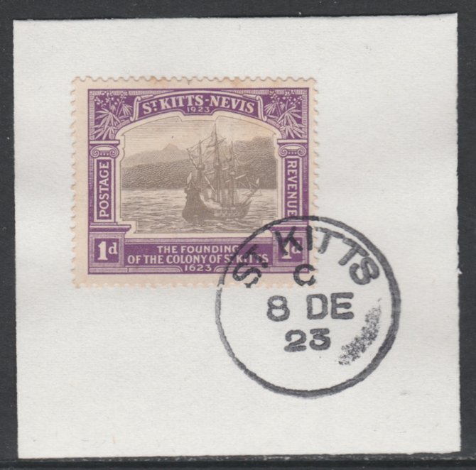 St Kitts-Nevis 1923 KG5 Tercentenary 1d SG 49 on piece with full strike of Madame Joseph forged postmark type 347, stamps on , stamps on  kg5 , stamps on 