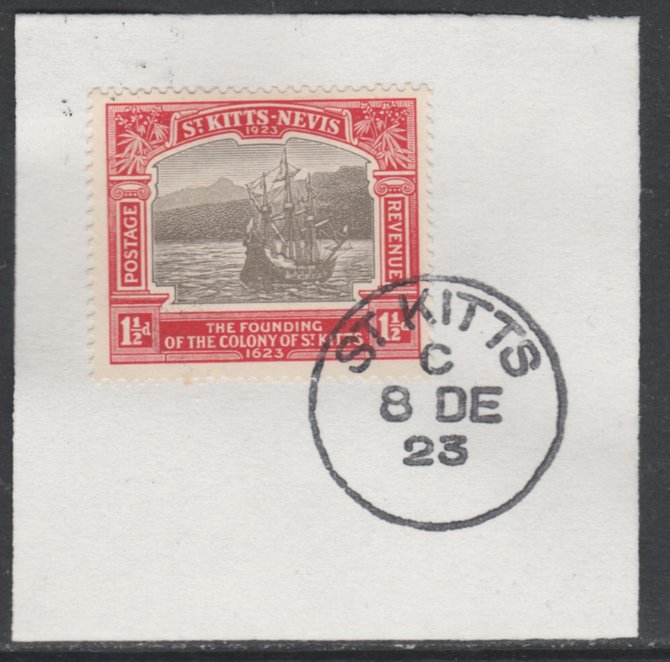 St Kitts-Nevis 1923 KG5 Tercentenary 1.5d SG 50 on piece with full strike of Madame Joseph forged postmark type 347