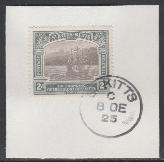 St Kitts-Nevis 1923 KG5 Tercentenary 2d SG 51 on piece with full strike of Madame Joseph forged postmark type 347, stamps on , stamps on  stamps on , stamps on  stamps on  kg5 , stamps on  stamps on 