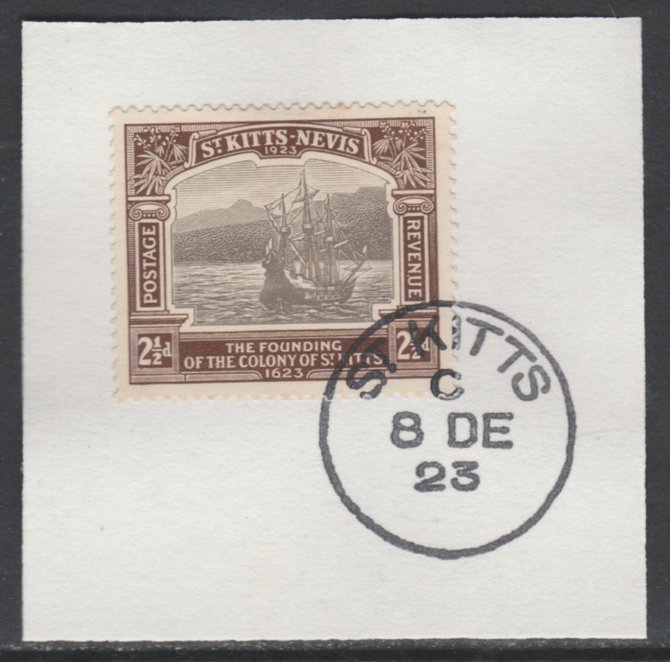 St Kitts-Nevis 1923 KG5 Tercentenary 2.5d SG 52 on piece with full strike of Madame Joseph forged postmark type 347, stamps on , stamps on  stamps on , stamps on  stamps on  kg5 , stamps on  stamps on 